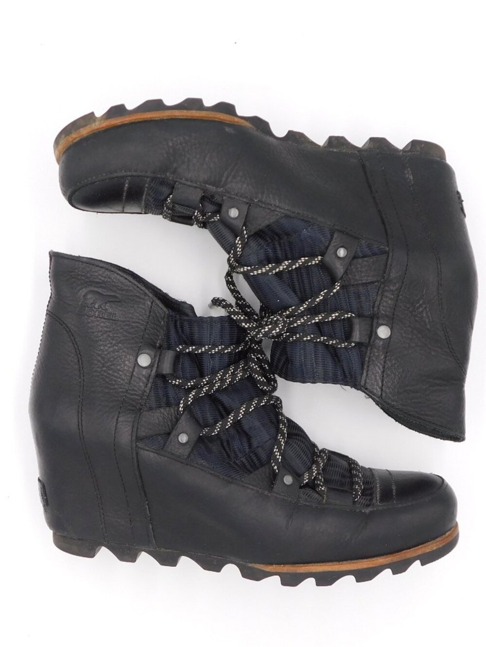 Sorel Sandy Black Leather Hidden Wedge Lace Up Ankle Boots | NL2628 | VGUC | 10